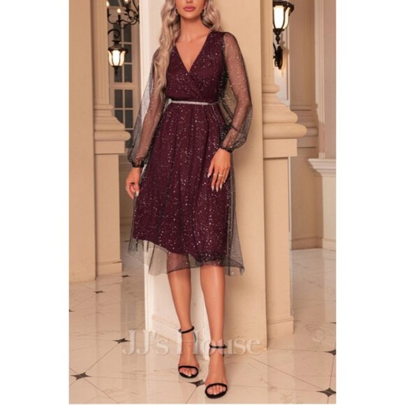 JJs House Burgundy A-Line Dress XL Womens Sparkly Party Gown With Sheer Sleeves - Picture 15 of 16
